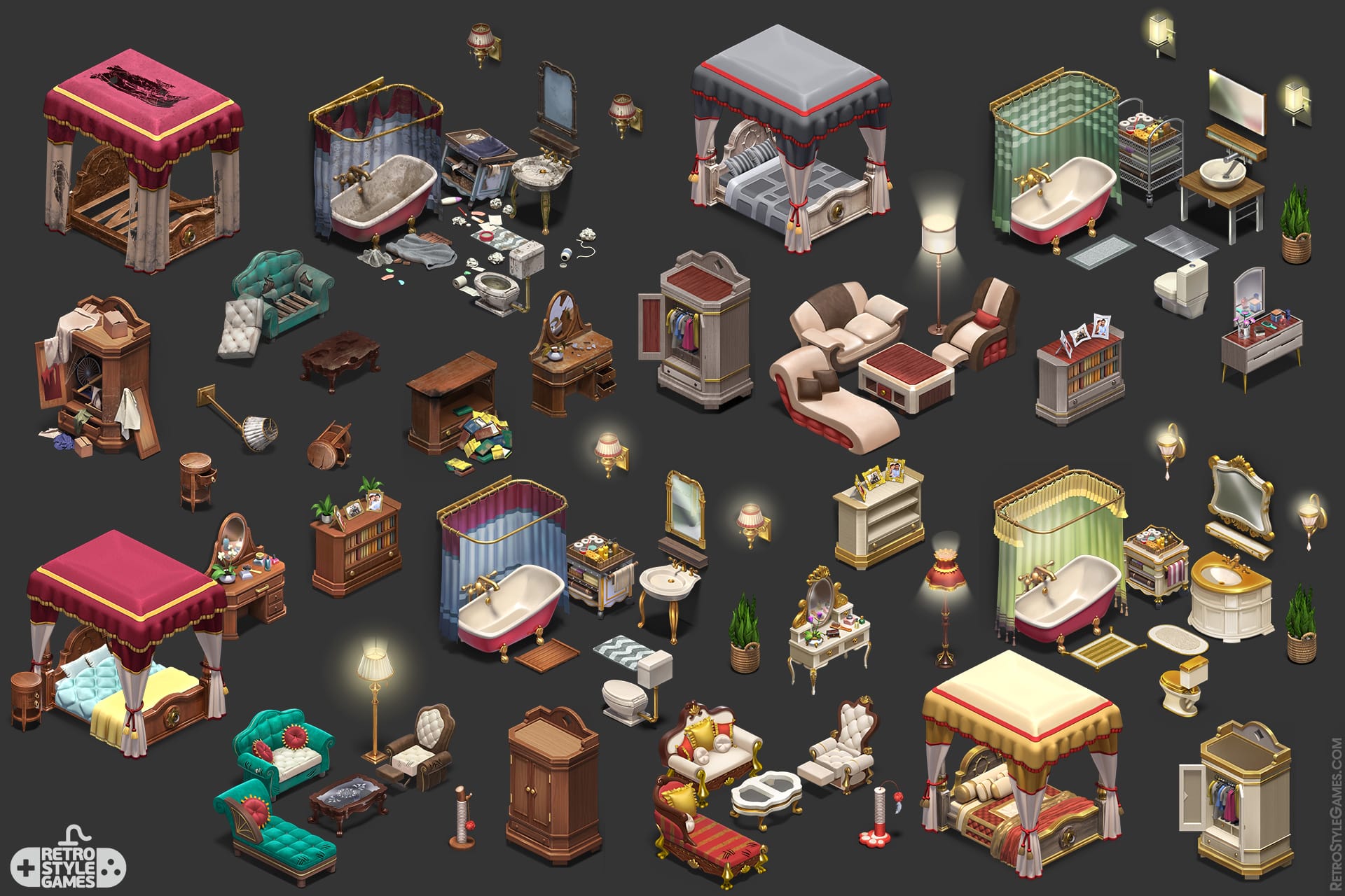 Isometric 3D Model Game Assets Bedroom Bathroom